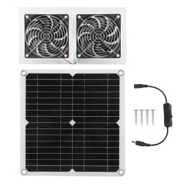 Imagem de 25W kit de ventilador de painel solar IPX65 Impermeável Baixo ruído eficiente de ventilador duplo movido a energia solar para galinheiro Kennel Kennel Barn