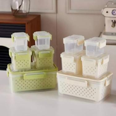 Imagem de Conjunto 5 Potes Herméticos com Tampa e Cesto Escorredor Transparente Sortido Verde Bege Livre de BPA para Geladeira e Despensa Organização de Alimentos Frutas Legumes Grãos Snacks