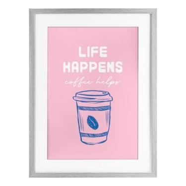 Imagem de Stupell Industries Impressão emoldurada Coffee helps life happen on pink grey design under glass by JJ Design House LLC, 20 x 14