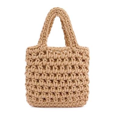 Imagem de Naimo Bolsa de praia de palha, bolsa de ombro de vime, bolsa de mão de rede de pesca, bolsa de corda de algodão, bolsa Hobo de crochê de verão, Quadrado cáqui