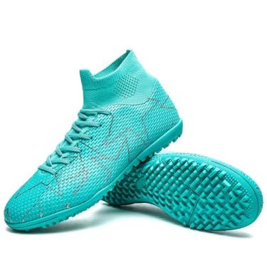 Imagem de changshen Tênis de futebol masculino com chuteiras de grama, branco-azul/branco-preto/preto, cano alto, tênis esportivo de treinamento, Branco, azul, 44