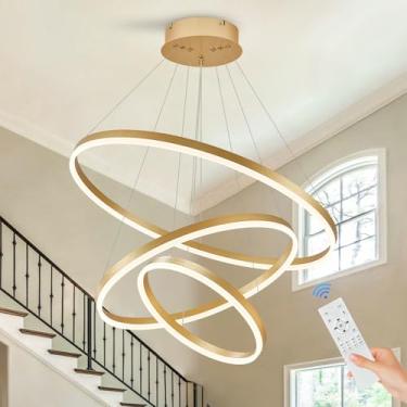 Imagem de Sparklelf Lustre de LED moderno de 3 anéis dourado, iluminação pendente regulável com controle remoto circular embutida luz de teto alto para sala de estar, sala de jantar, hall de entrada, 3000K