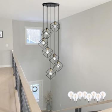 Imagem de vivihobb Lustre de hall de entrada grande moderno, gaiola de metal preto de 7 luzes, luminária longa de 299 cm para tetos altos, entrada de entrada, escada, lâmpadas LED incluídas