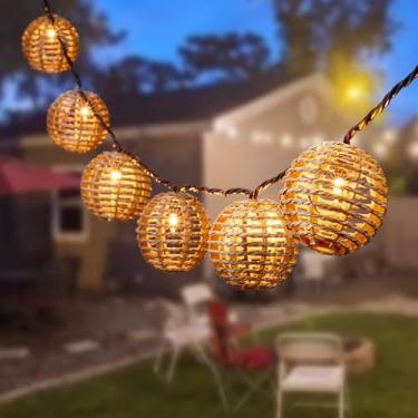 Imagem de Luzes decorativas para pátio ao ar livre, algas marinhas, estilo bola de rattan, lanterna, cordão de luzes, conectável, à prova de intempéries, para ambientes internos e externos, globo boho para casa
