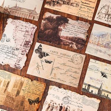 Imagem de T-shin Coleção de cartões postais de arquitetura vintage, 30 cartões de felicitações retrô ilustrados à mão, casas Brownstone e motéis históricos, decoração emoldurável, arte de parede de galeria