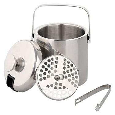 Imagem de Balde de gelo para festas Balde de gelo duplo de parede de aço inoxidável 1,3L isolado com pinças e coador para festas de bar em casa refrigerando cerveja champanhe recipiente de gelo balde de vinho