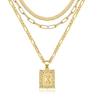Imagem de KissYan Conjunto de colar em camadas de ouro para mulheres, banhado a ouro 14 K com pingente de letra inicial e clipe de papel, gargantilha de cobra e alfabetos de A-Z Fígaro, colar de corrente de