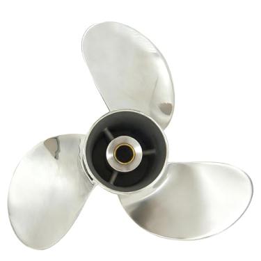 Imagem de Hélice de barco de aço inoxidável de atualização OEM de 8,5 x 9 para motores Tohatsu externos 8-9,9 HP, 12 dentes estriados RH, 3 lâminas