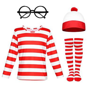 Imagem de Fanskaty Camiseta de manga comprida listrada vermelha e branca para crianças, homens, mulheres, fantasias de Halloween, moletom engraçado cosplay, 4 peças, G