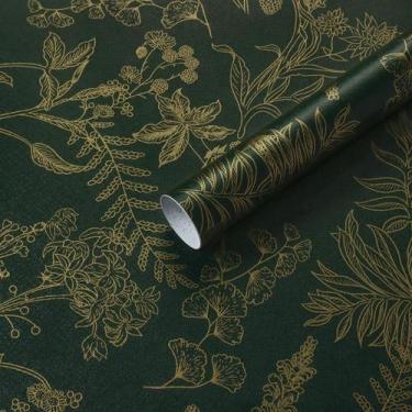 Imagem de Papel de parede Micpolo Peel and Stick Verde escuro e dourado floral