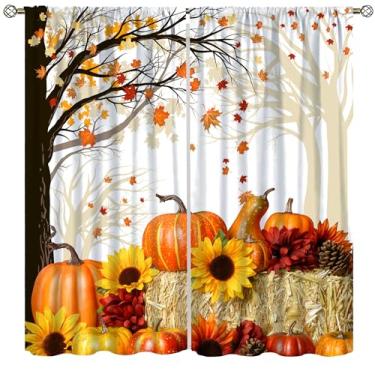 Imagem de Cortinas florestais de outono para cozinha, outono, casa de fazenda, Ação de Graças, abóbora, girassol, palha, colheita, tratamentos de janela, impressão para quarto de meninas, sala de estar, 106,7 x