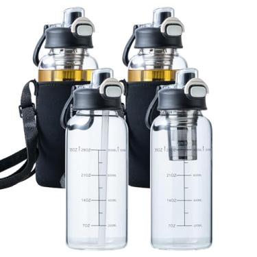 Imagem de wangsdjy Garrafa de água de vidro de 1000 ml com canudo e alça, garrafas de água de vidro à prova de vazamento sem BPA com coador de chá de aço inoxidável e manga protetora para viagens, academia