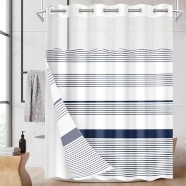 Imagem de Nesphy Cortina de chuveiro azul marinho sem gancho, conjunto de forro de tecido de encaixe, tecido moderno listrado de camada dupla à prova d'água com janela superior transparente cortina de banho com