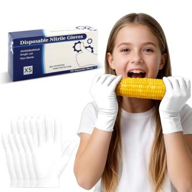 Imagem de Luvas de nitrilo descartáveis para crianças de 4 a 10 anos, adequadas para jardinagem, culinária, pintura, látex e sem pó - 100 peças (branca)