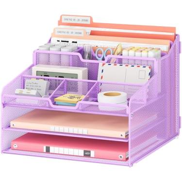Imagem de Lavatino Organizador de arquivos de papel de mesa – malha de metal com 2 bandejas de letras, 7 divisórias flexíveis, 2 suportes de pasta de arquivo verticais para escritório/casa/material de sala de