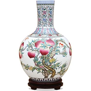 Imagem de LIFOND Vaso de flores vaso de cerâmica chinês retrô nove pêssego esmaltado azul e branco vaso de flor de porcelana 41 cm grande para decoração de mesa vasos com base vaso de flores decoração de mesa