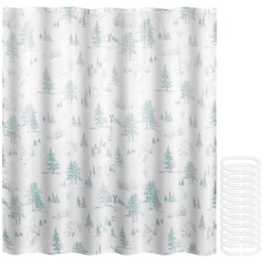 Imagem de Cortina de chuveiro de banheiro com estampa de pinho de montanha de neve à prova d'água com 12 ganchos de plástico, lavável na máquina e resistente a mofo, bainha pesada, adequada para fundo de