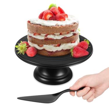 Imagem de Suporte de bolo de 30 cm, bandeja de exibição de fibra de bambu, design de tamanho grande com espátula de bolo para festas, casamentos, sobremesas (preto, bandeja de bolo + colher de bolo)