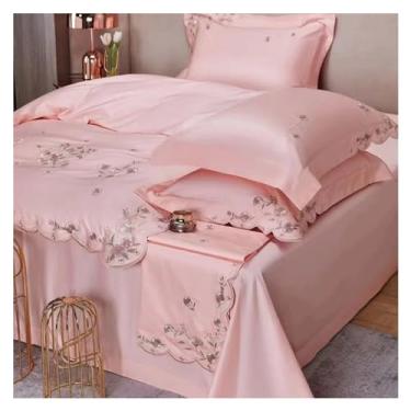 Imagem de Jogo de cama de luxo 1000 fios 1000% algodão de qualidade suprema com flores bordadas, jogo de edredom plano/lençol com elástico (H QUEEN_PLAT)