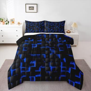 Imagem de Erosebridal Jogo de cama solteiro com estampa geométrica, xadrez, geométrico, neon, preto, azul, decoração de quarto de jogos, geométrico, xadrez, geométrico, edredom