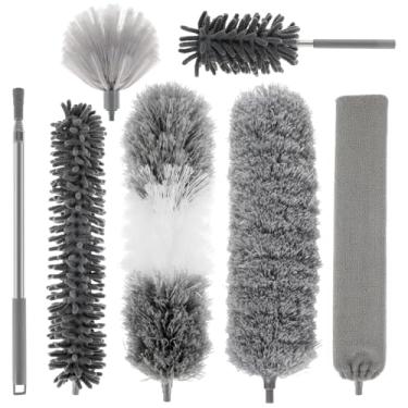 Imagem de Conjunto de espanador de penas de microfibra, 4/7/9, limpador de poeira retrátil de microfibra com haste extensível de 40,6 cm a 248 cm, espanador de cabo longo dobrável para limpeza de persianas de
