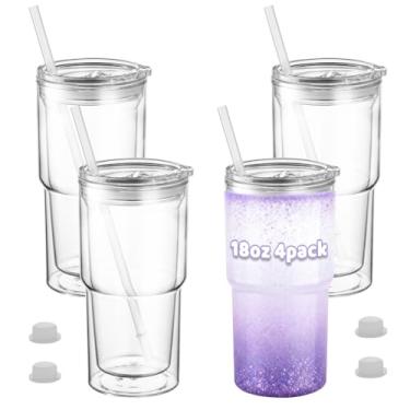 Imagem de Cuguords Copos de globo de neve de acrílico de 510 g, copos de globo de neve de plástico pré-perfurados com plugue de silicone, copos de parede dupla com tampas e canudos para glitter, pacote com 4 ou
