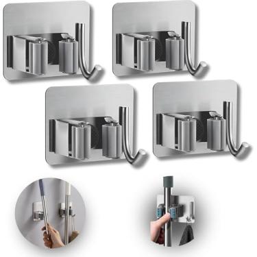 Imagem de Kit 4 Suportes de Parede Inox para Vassouras e Rodos Adesivo Fixação Sem Furos Organização Forte e Durável Suporta Até 5kg