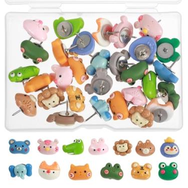 Imagem de 30 pinos de pressão de animais divertidos, 15 pinos fofos de padrão para acessórios de quadro de cortiça, broche decorativo para foto, parede, mapa, decoração de casa, escritório, tachinhas de polegar