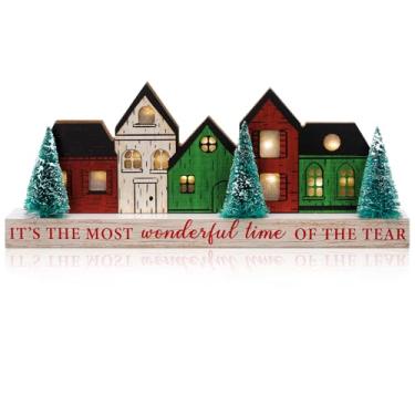 Imagem de Amyhill Decoração de mesa de Natal de madeira 2025 iluminada LED decoração de vila de Natal rústica casa de fazenda bloco de feliz natal placa central com palavras para cornija casa quarto feriado