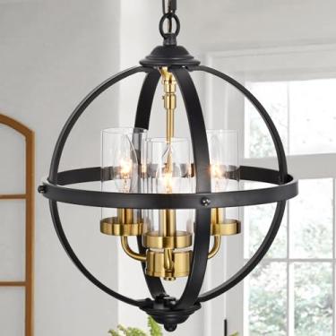 Imagem de Treekee Lustre rústico, capa de vidro com acabamento preto e dourado de 35,56 cm de luxo luminárias de teto com pingente vintage globo de 3 luzes para sala de estar, entrada, corredor, cozinha, sala de jantar