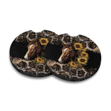 Imagem de Pacote com 2 porta-copos para carro, girassol, estampa de cavalo, antiderrapante, porta-copos, absorventes para carro com entalhe de dedo, acessórios para automóveis fofos