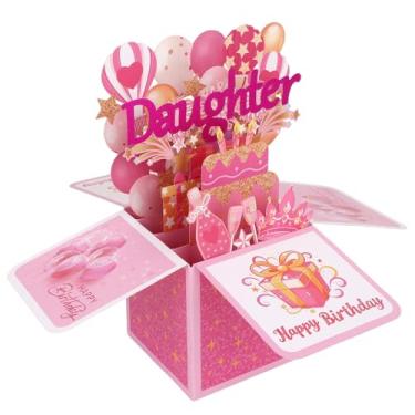 Imagem de Happy Birthday Cartão Pop Up para Filha, Cartão Cumprimentos Aniversário 3D Personalizado Bolo Colorido & Balões Caixa Presente Popup com Envelope para Filha Enteada Nora Presente Celebração