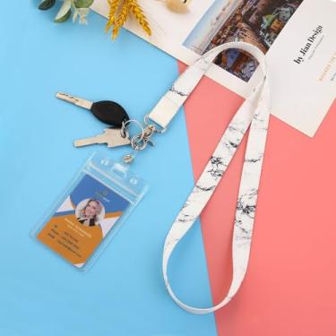 Imagem de Cordão com suporte de identidade, cordões bonitos para mulheres e homens, cordão de pescoço longo para chaves, vertical à prova d'água, transparente, suporte de crachá, mármore branco