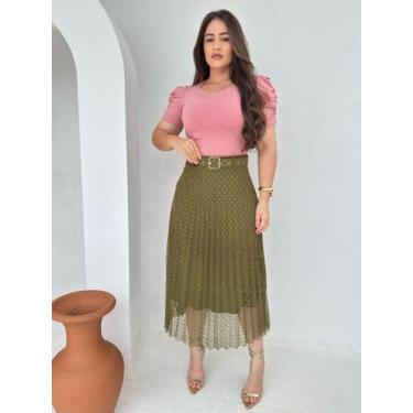 Imagem de Saia Rodada Midi Soltinha com Babado Camadas em Tule - Fashion, Verde 