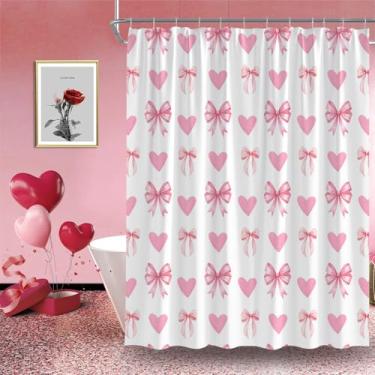 Imagem de AEMBEE Cortina de chuveiro de dia dos namorados coração rosa com laços romântico tecido coração decorativo cortinas de banheiro com ganchos, 177,8 cm L x 170 A