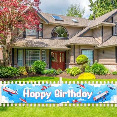 Imagem de Airplane Happy Birthday Yard Banner 9.8*1.6ft Blue Plane Theme 1st 2nd 3rd Birthday Decors Vintage Retro Airplane Outdoor Party Decor Aircraft Aviator Aviation Helicopter Jet Time Flies Party Supplies