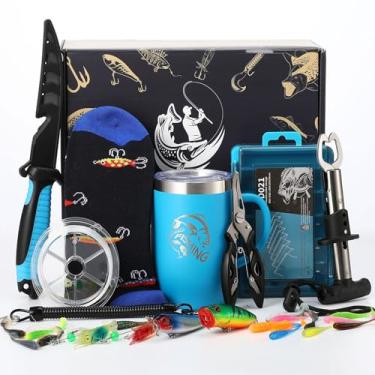 Imagem de Patelai 29 peças de presentes de pesca para homens com iscas de peixe, copo isolado de 340 g, faca de filete, alicates de pesca, cordão, caixa de equipamentos, pegador de lábio de peixe, meias, linha