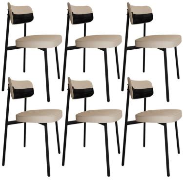 Imagem de Kit 06 Cadeiras Estofada Para Sala De Jantar Astrid Preto C01 Linho Areia Courino Preto - Lyam Decor