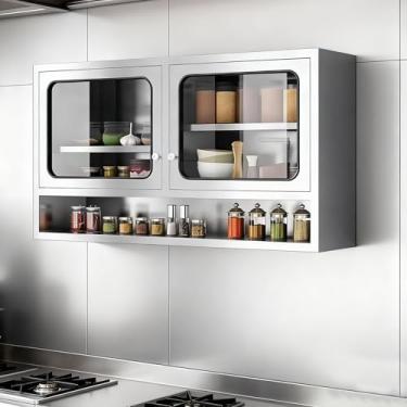 Imagem de WWK Armário de parede de cozinha de aço inoxidável totalmente montado com portas de vidro, armário de armazenamento montado na parede com prateleiras ajustáveis para garagem, cozinha, banheiro, ao ar