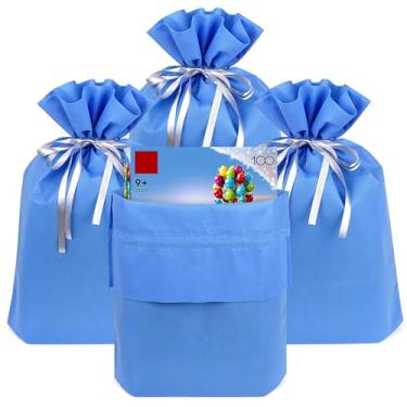 Imagem de Linkidea Pacote com 4 sacos de presente reutilizáveis não tecidos com cordão, bolsa de presente compatível com LEGO, serve para aniversário, Natal e festa (azul)