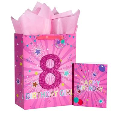 Imagem de Loveinside Bolsa de presente rosa de aniversário com papel de seda, etiqueta de presente e cartão comemorativo para meninas de 8 anos, crianças, festas e mais, 25,4 x 12,7 x 33 cm, 1 peça, 8 anos de