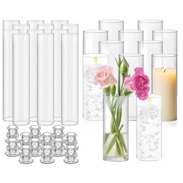Imagem de Teenyyou Conjunto de 12 castiçais de vidro Hurricane de 30 cm em formato de tubo sem fundo de 5,6 cm e vaso de vidro de 20 cm para mesa de festa de casamento
