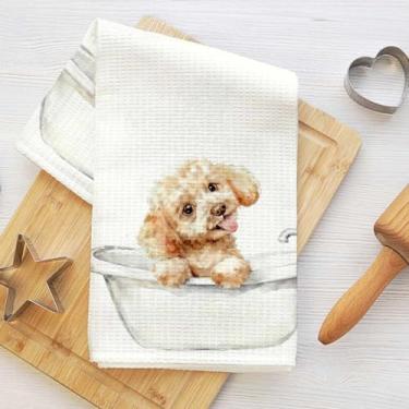Imagem de Toalhas de cozinha fofas para cães Poodle e banheira, toalha de prato decorativa de microfibra absorvente, toalhas de mão de waffle para cozinha, casa, banheiro, presentes para amantes de cães