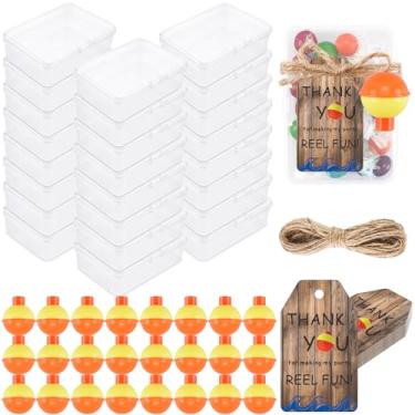 Imagem de ARQRHTLY 24 conjuntos de lembrancinhas de festa de pesca com 24 mini caixas de equipamento, 24 boias flutuantes, 24 cartões de agradecimento e barbante, mini caixas de equipamentos para lembrancinhas