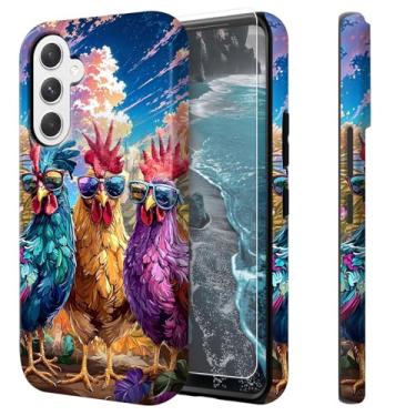 Imagem de Qindaiwen Capa para Samsung Galaxy S25 FE com protetor de tela – Capa de camada dupla à prova de choque de grau militar: suporta carregamento magnético sem fio, galinhas coloridas