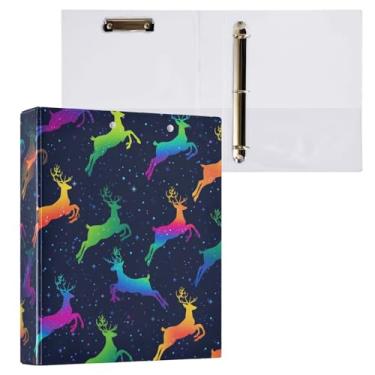Imagem de Blueangle Fichário de 3 anéis de rena arco-íris neon com prancheta e 2 bolsos - Organizador de documentos decorativos de 3 cm para escritório, suprimentos para reuniões (53)