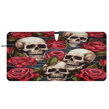 Imagem de Blueangle Para-brisa com padrão de crânio rosa - 149.9 cm x 76.2 cm dobrável carro janela dianteira para-sol blocos raios UV viseira de sol (728)