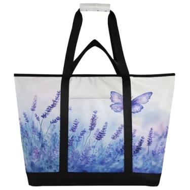 Imagem de STAYTOP Linda bolsa térmica grande com borboleta e lavanda, sacolas dobráveis reutilizáveis para cozinha, lancheira, portátil, à prova de vazamento, para compras, comida, viagem, praia, acampamento