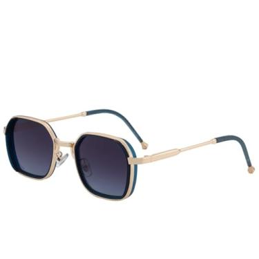Imagem de JRLLFD Óculos de sol de metal feminino luxuoso, armação pequena, punk, masculino, para dirigir ao ar livre, UV400 (dourado, cinza, azul)