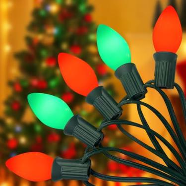 Imagem de Cordão de luz de Natal externo C7 de 7,6 m, luzes de Natal C7 com 27 lâmpadas LED vermelhas e verdes, luzes de Natal vintage penduradas, listado na UL para bar, quintal, árvore de Natal, decoração de